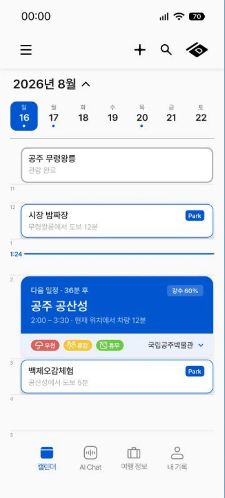 하루 일정에 공주 공산성과 대안 장소가 함께 표시된 캘린더